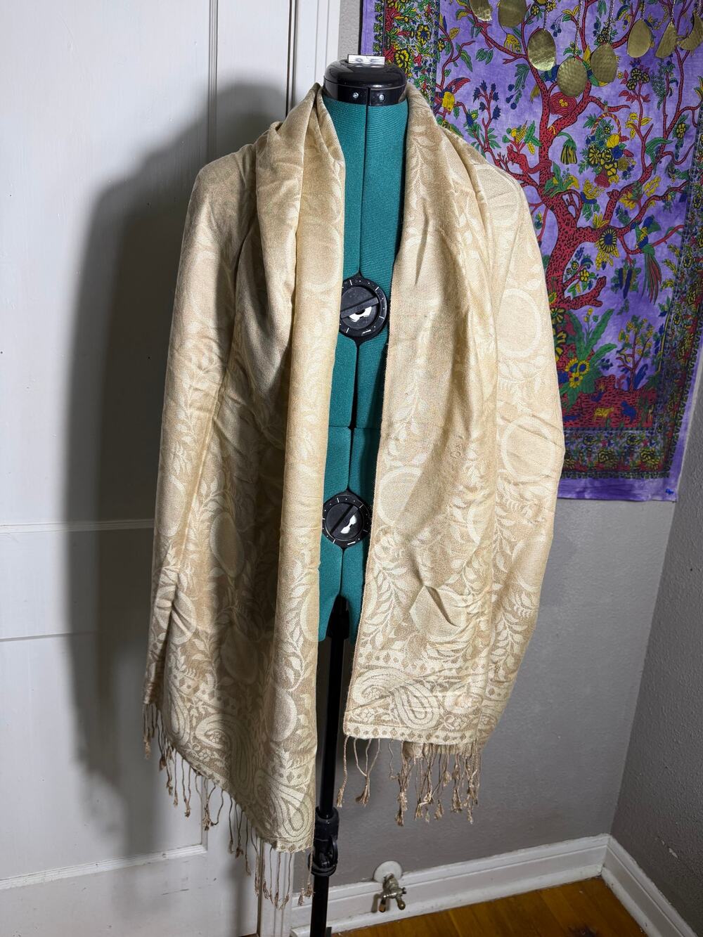 Silk Pashmina Shawl Wrap Beige Gold Paisley Jacquard Fringe Scarf 80" Boho